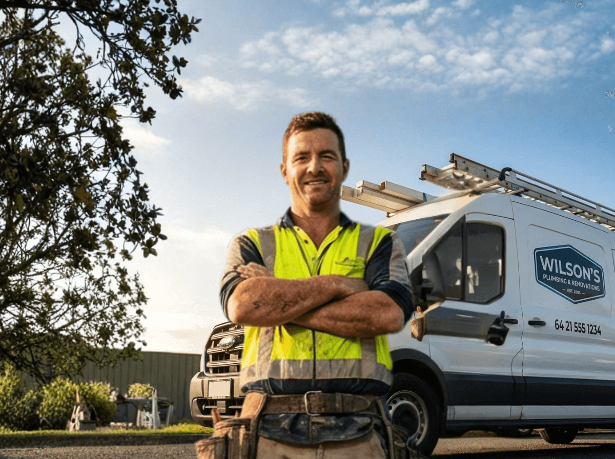 Tradesperson standing proudly in front of branded work van