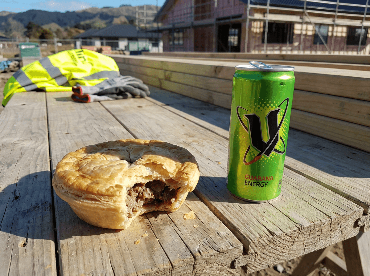 Meat pie and V energy drink on a construction site