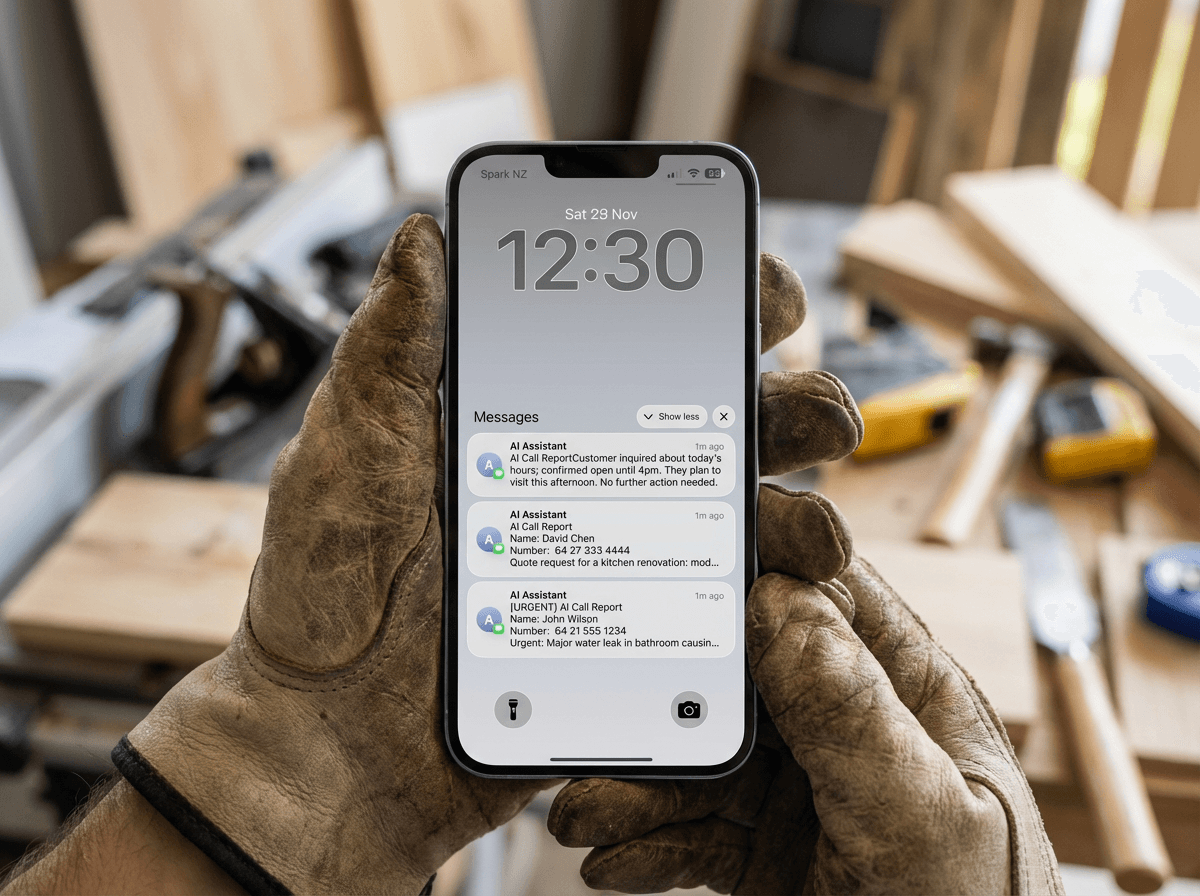 Phone showing AI call report SMS notifications